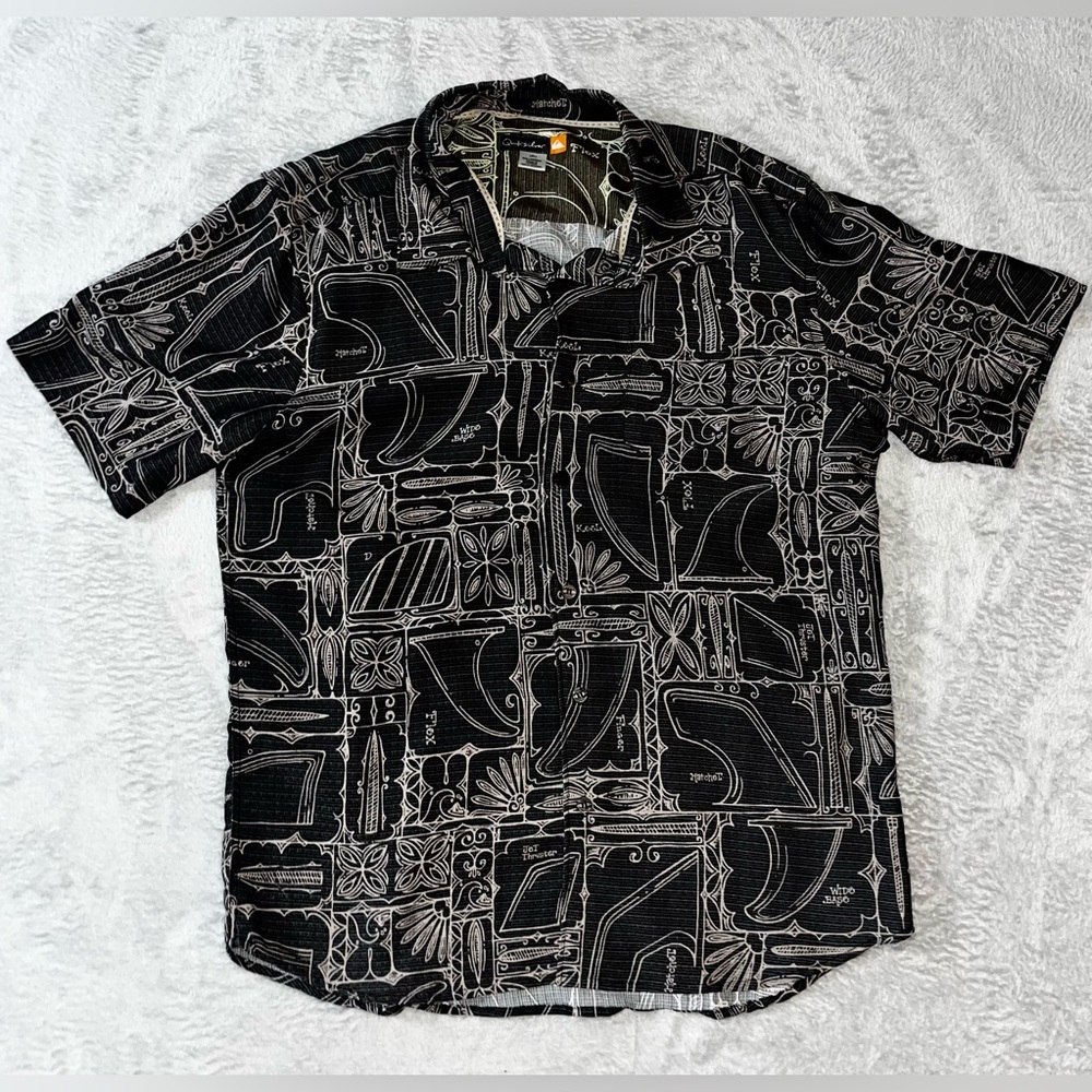 Vintage Quiksilver Aloha Hawaiian Shirt Men’s Large L Gray/Tan Tribal EUC